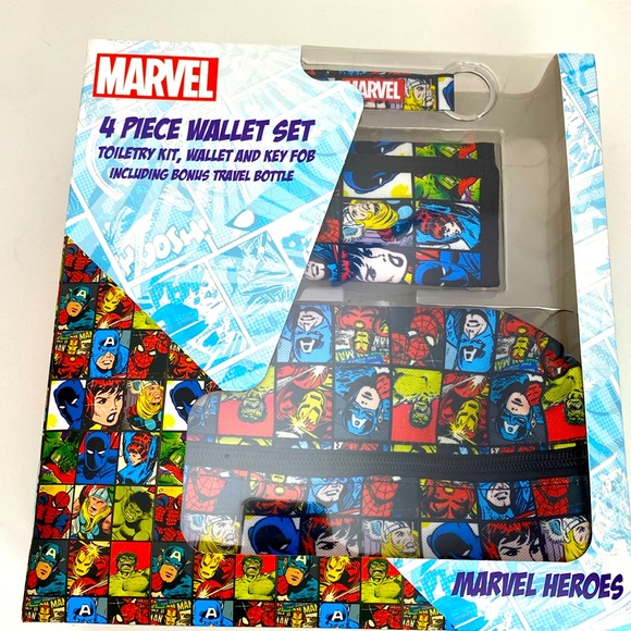 Marvel wallet, key fob, toiletry kit & travel bottle set NEW! 4 set - Picture 1 of 16